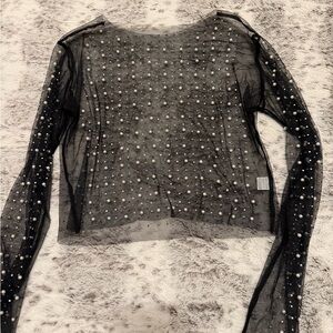 Elegant Black Sheer Top with Pearl and rhinestone Embellishments